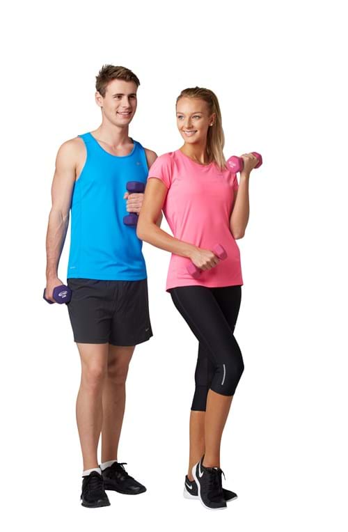 Product Clothing Photography | Melbourne Photography | Man and woman posing with weights wearing sports clothing on white background