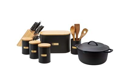 Product Homeware Photography | Melbourne Photography | Kitchen pot and lid, knife set, bread box and kitchen utensils on white background
