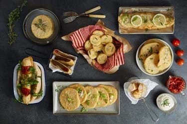Lifestyle Product Photography | Melbourne Photography | Styled Food Photography | Flatlay Photography of potato cakes, fish fillet, hotdog fastfood